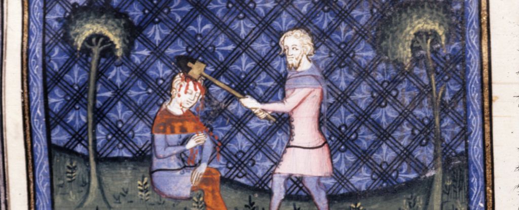 Detalhe de uma miniatura medieval do século XIV de Caim matando Abel da Biblioteca Britânica