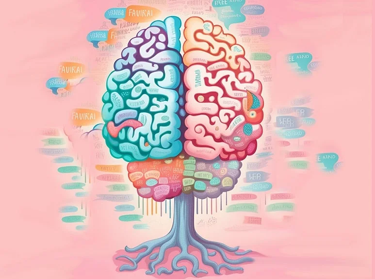 ilustração de um cérebro em tons verde e vermelho com palavras de diferentes línguas saindo dele