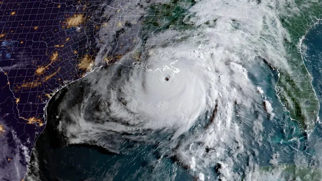 imagem de satélite MODIS da NASA mostrando o furacão Ida atingindo a costa da Louisiana 