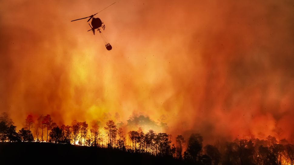 helicóptero jogando água em um incêndio florestal