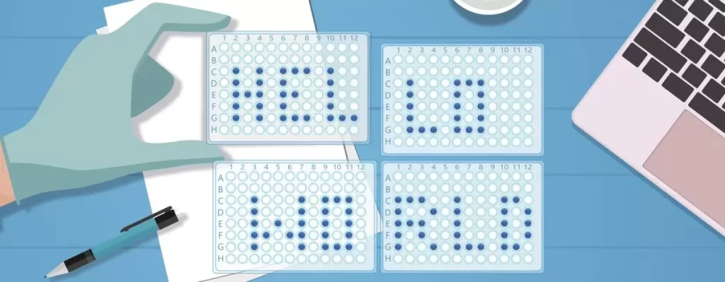 Uma representação conceitual artística da pesquisa química conduzida pela IA com uma mão segurando placas com números e letras e um laptop ao lado