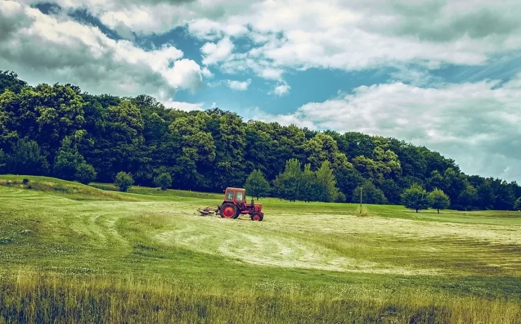 trator vermelho em uma plantação verde com floresta ao fundo e céu azul