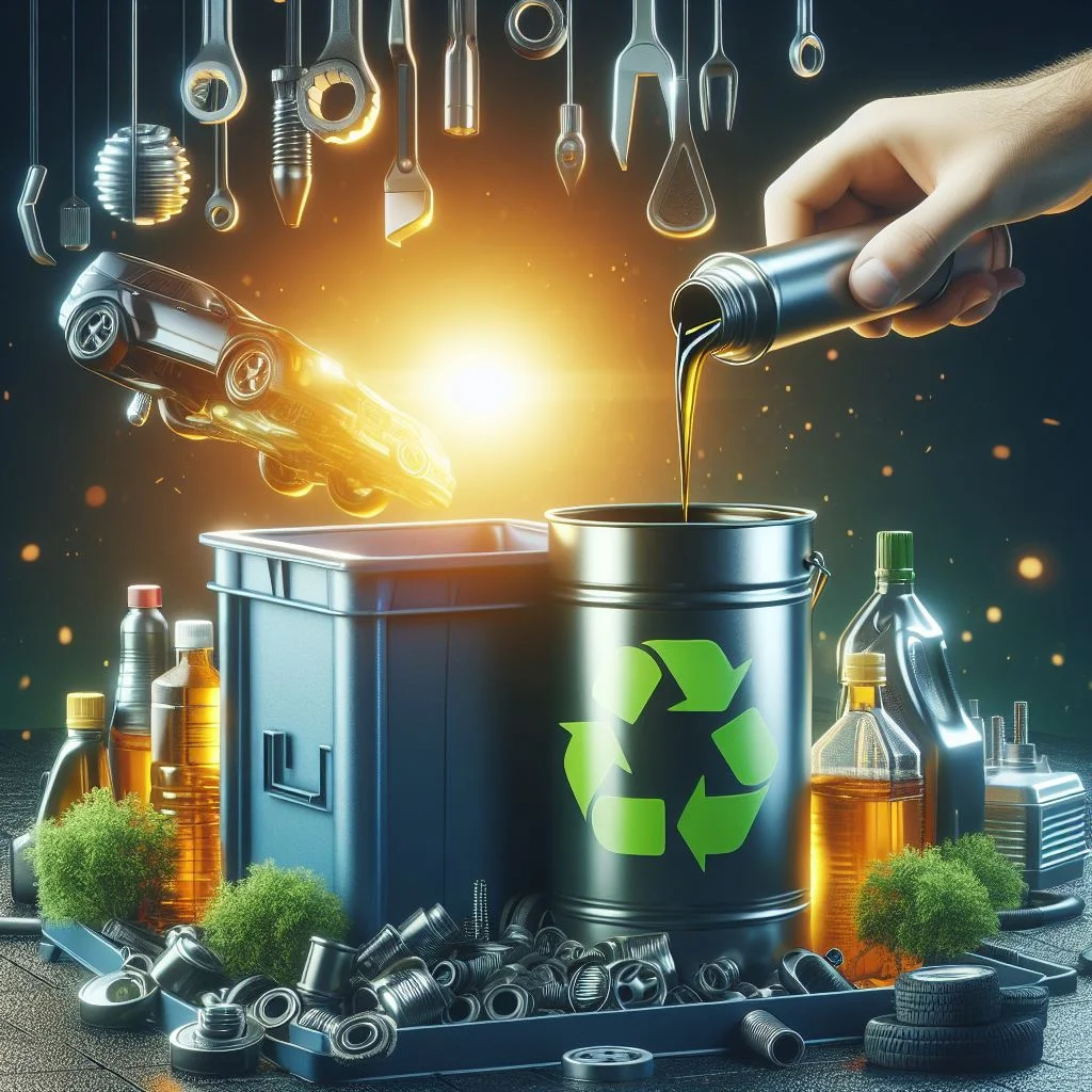 Imagem ilustrativa gerada por IA de uma mão jogando óleo em um recipiente com símbolo de 'reciclável" e potes de óleo e árvores e restos de peças de metal em volta