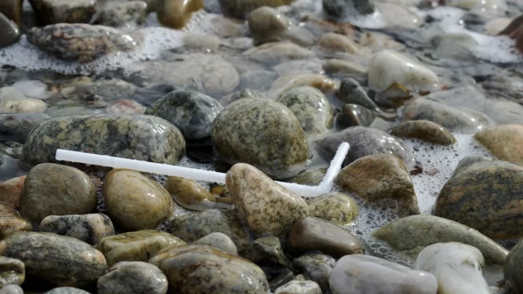 Canudinho de plástico entre pedras ne beira do mar