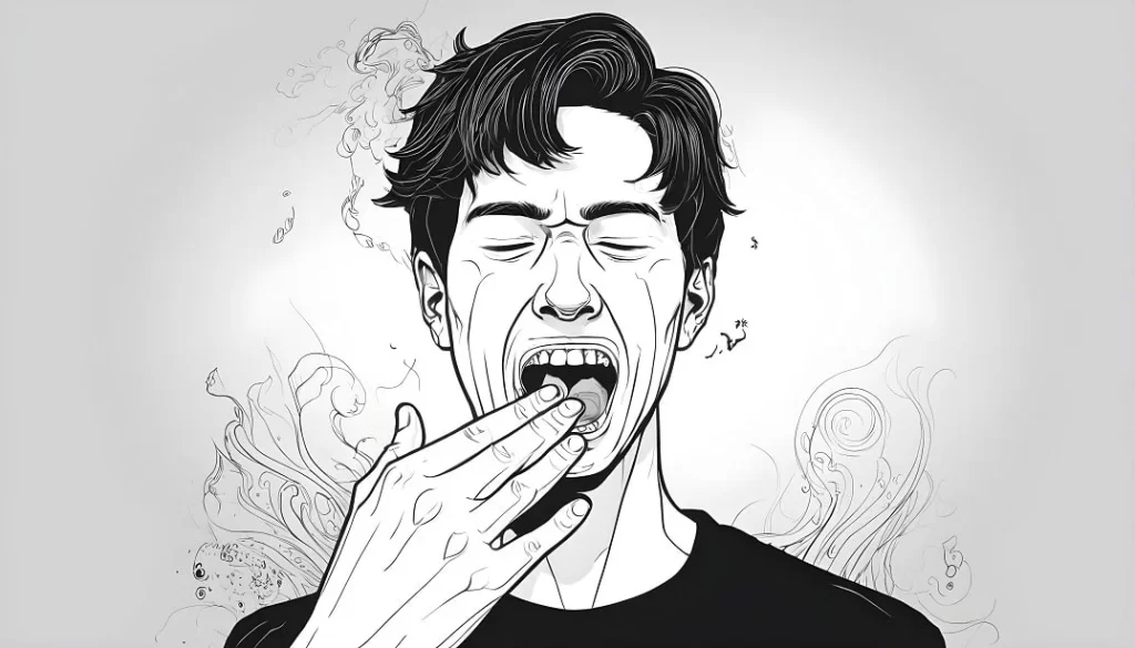 Ilustração em preto e branco de um homem cheirando seu hálito em sua mão