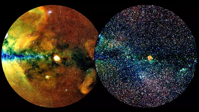 Duas imagens circulares da seção do céu do catálogo eROSITA All-Sky Survey em duas representações diferentes. A imagem da esquerda mostra a emissão estendida de raios X, enquanto a imagem da direita mostra fontes pontuais de raios X.