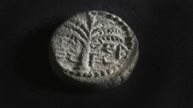 Uma moeda com uma antiga inscrição em hebraico que diz "Eleazar, o Sacerdote".