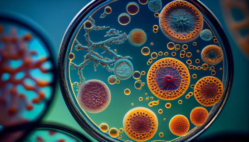 imagem gerada por IA de uma placa de petri com colônias circulares coloridas de bactérias