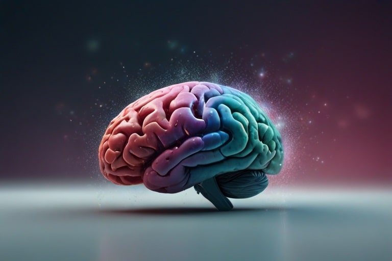 ilustracção criada com inteligência artificial de um cérebro humano em tons vermelhos, azuis e verdes com uma leve névoa e faíscas em volta