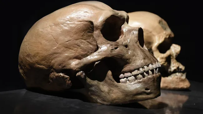 Crãnios de neandertal e Homo sapiens lado a lado