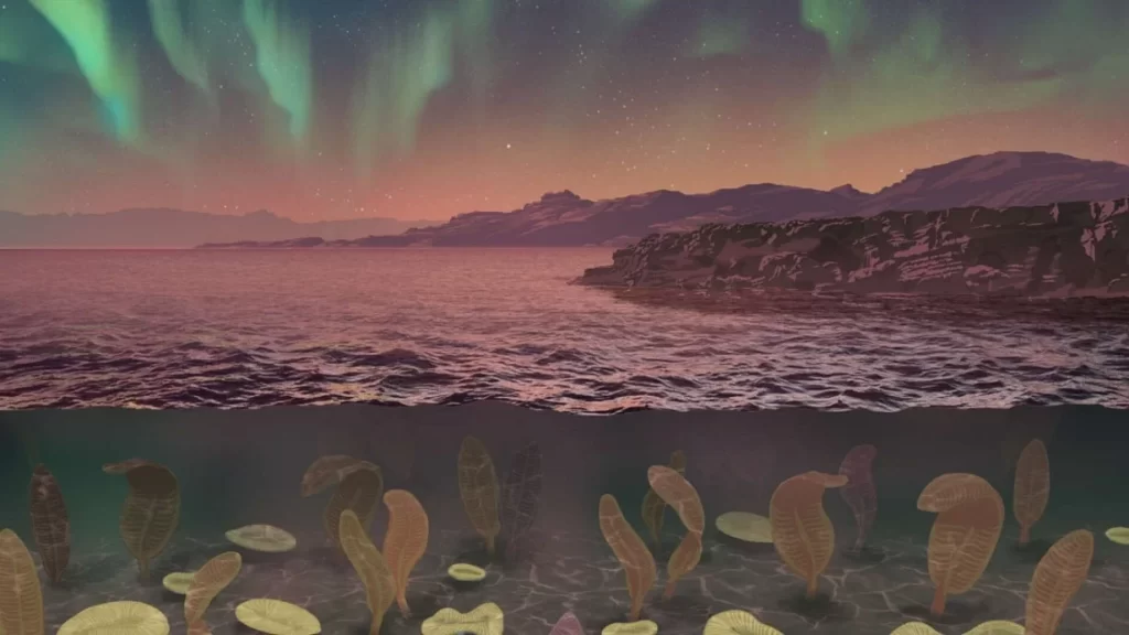 ilustração de algas no oceano primitivo com montanhas e aurora boreal no fundo