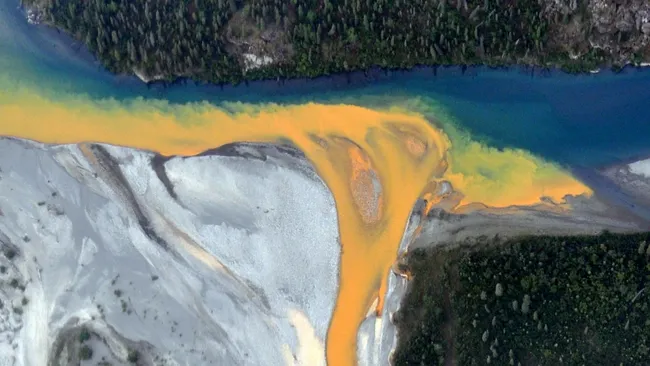 Esta seção do rio Kutuk, nos portões do Parque Nacional do Ártico, parece ter derramado tinta laranja quando vista de cima.