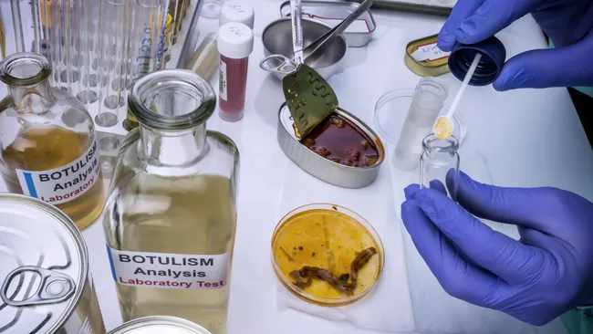 Mãos com luvas de um pesquisador testa alimentos para botulismo com frascos coloridos e uma placa de petri.