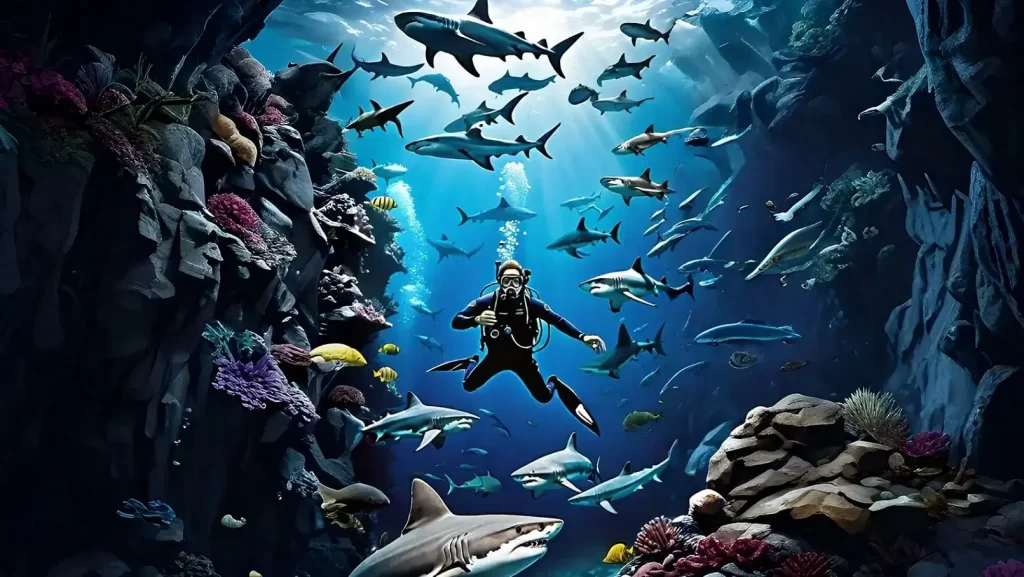 Ilustração mergulhador com tubarões e peixes.