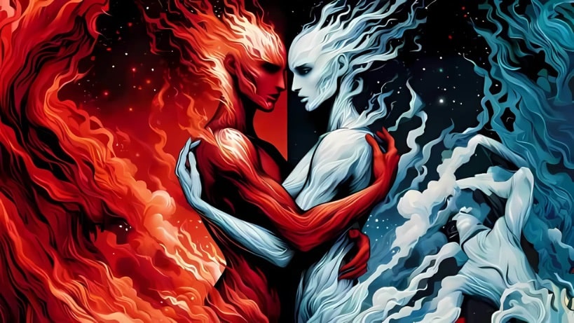 Duas criaturas andróginas feitas de chamas brancas e vermelhas
