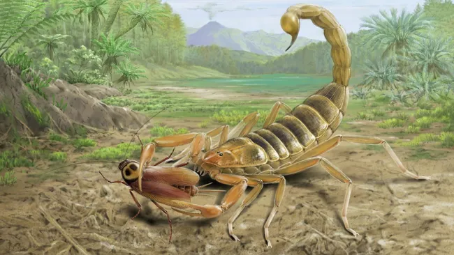 ilustração do escorpião Jeholia longchengi que tinha cerca de 10 cm de comprimento e era uma espécie-chave na cadeia alimentar do ecossistema do Cretáceo