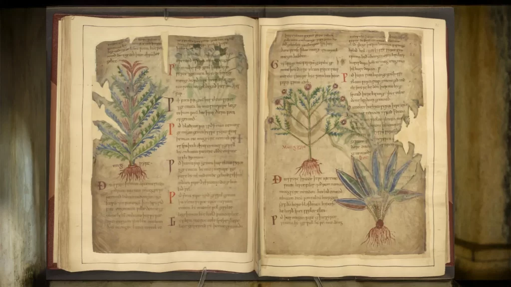 Manuscritos medievais como o Cotton MS Vitellius C III destacam usos de ervas que refletem as tendências modernas de bem-estar.
