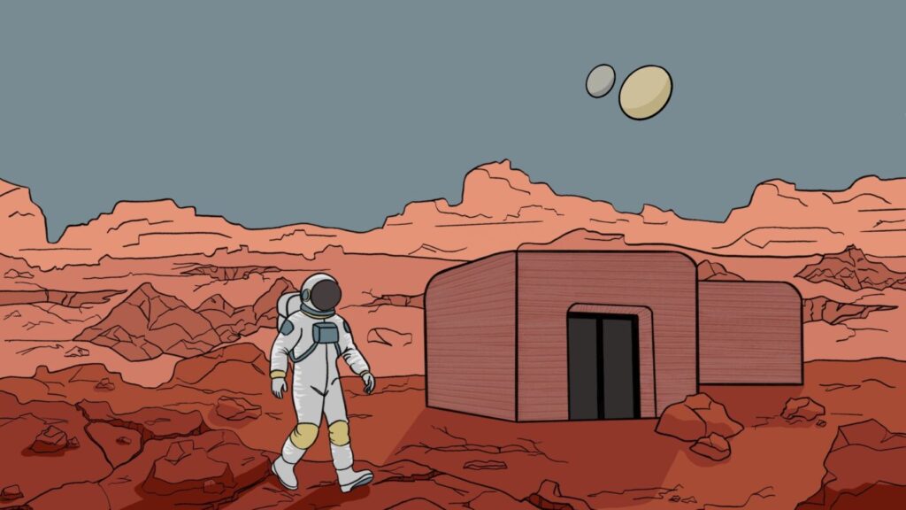 Ilustração de um habitat sintético que poderia ser construído com a ajuda de uma tecnologia de autocrescimento que aproveita recursos locais e micróbios para formar estruturas autônomas no Planeta Vermelho.