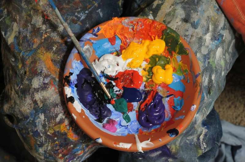 Pote com tintas coloridas e pincel visto de cima