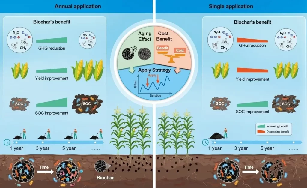 Diagrama conceitual ilustrando os benefícios sustentados da aplicação de biochar a longo prazo na segurança alimentar e na mitigação das mudanças climáticas.