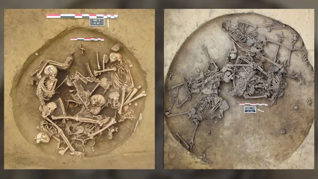 Vistas aéreas de duas fossas da Idade da Pedra repletas de esqueletos humanos escavados na França. 