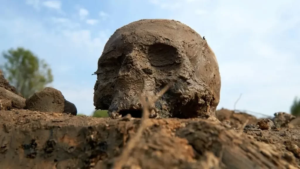 Crânio na lama. Arqueólogos e geneticistas identificaram DNA da peste em dentes de 1.500 anos de Jerash, na Jordânia, fornecendo a primeira prova direta de que a Peste Justiniana foi causada por Yersinia pestis.