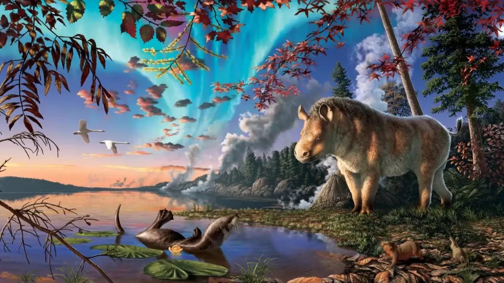 Recriação artística de Epiatheracerium itjilik em seu habitat lacustre e florestado, Ilha Devon, início do Mioceno, há 23 milhões de anos. As plantas e os animais representados, incluindo um roedor, um coelho e a foca de transição Puijila darwini, são todos baseados em restos fossilizados encontrados no local. 
