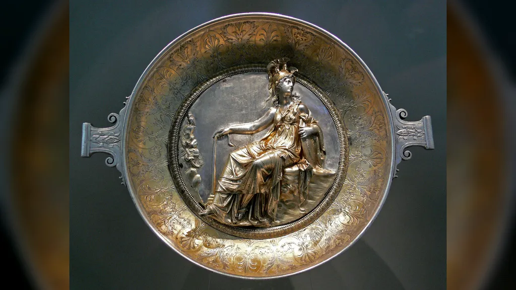A tigela de Atena era feita de prata, com detalhes em ouro na deusa e em seus acessórios.