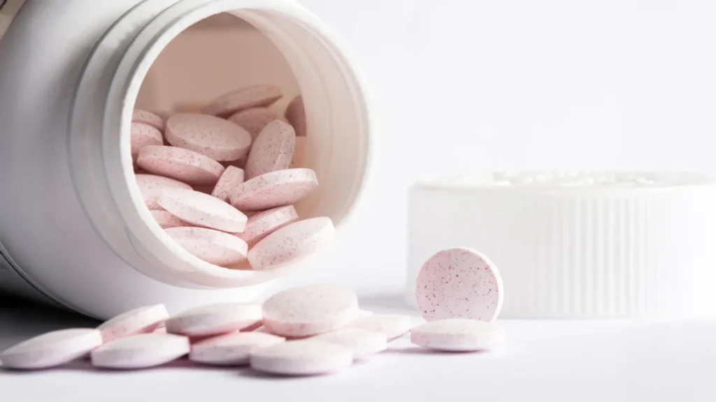 Frasco de comprimidos, suplementos.
