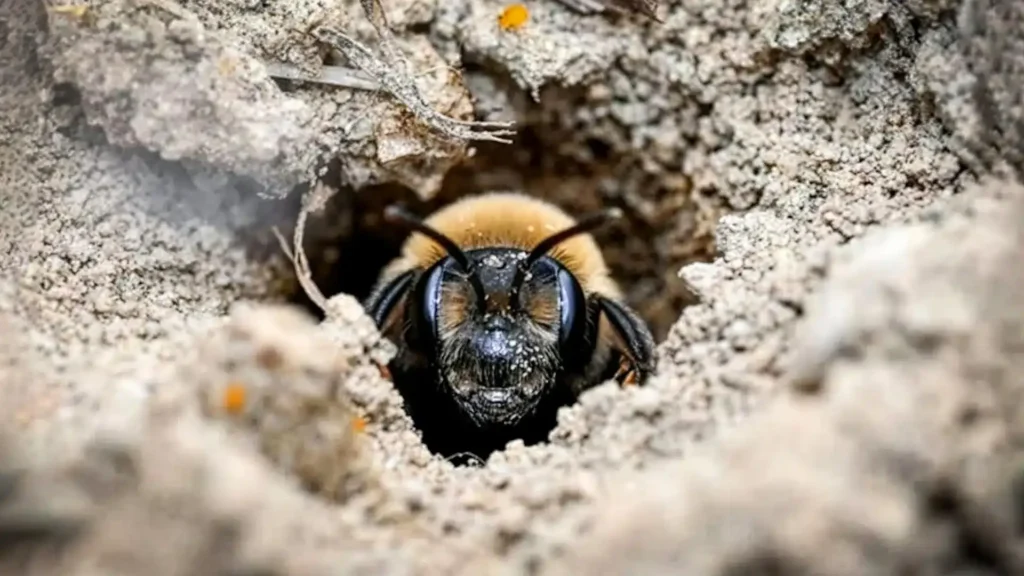 Fêmea de Andrena regularis na entrada do ninho no Cemitério East Lawn.