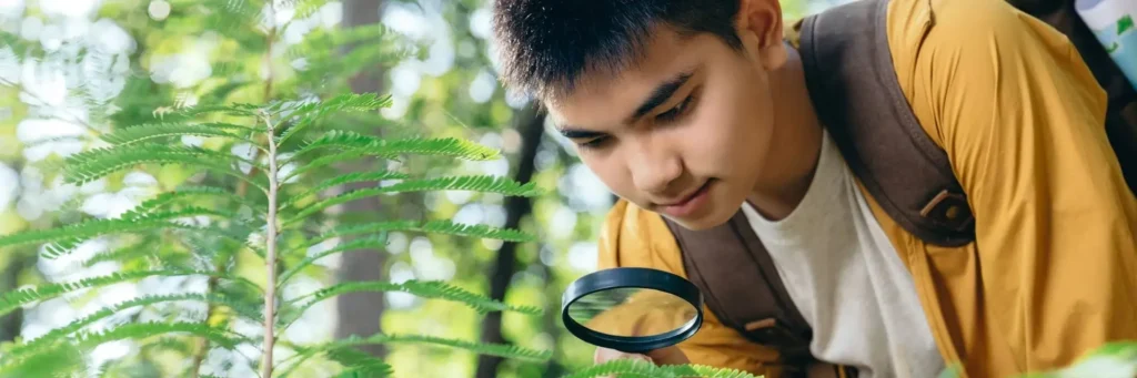 criança com lupa vendo plantas