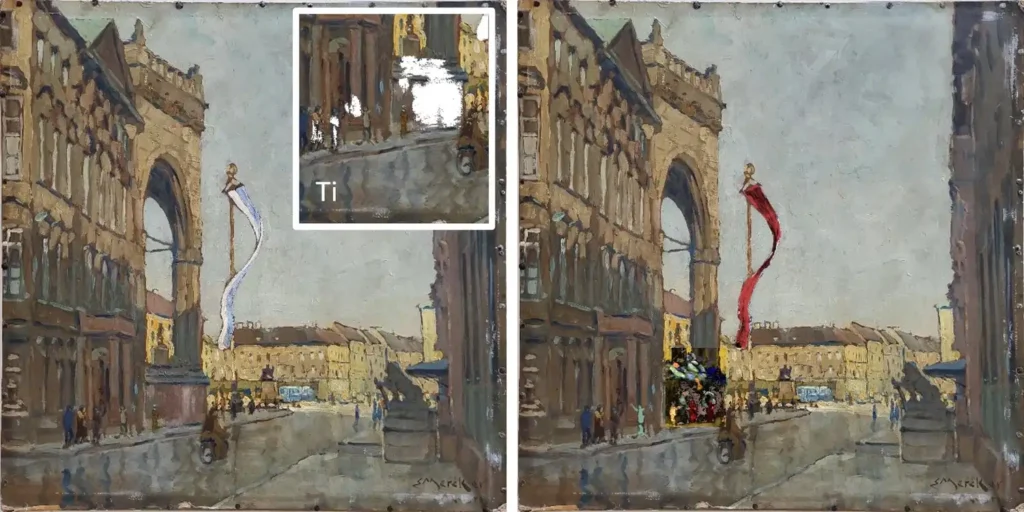 À esquerda: A pintura retrata um canto da Odeonsplatz, em Munique, com a bandeira da Baviera hasteada sobre a praça. A análise por fluorescência de raios X mostra áreas onde a pintura foi recoberta com branco de titânio. À direita: Representação em cores falsas da pintura reconstruída, apresentando o memorial e a bandeira nazista.