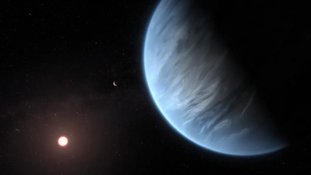 Ilustração do exoplaneta K2-18b. Uma busca massiva em K2-18b não encontrou sinais de rádio extraterrestres, mas mostrou que estamos ficando muito melhores em detectá-los. 