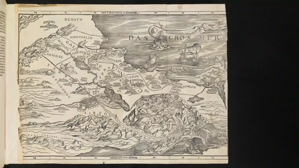 Mapa da Terra Santa de Lucas Cranach, o Velho, no Antigo Testamento de Christopher Froschauer (Zurique, 1525), na Biblioteca Wren, Trinity College, Cambridge. 