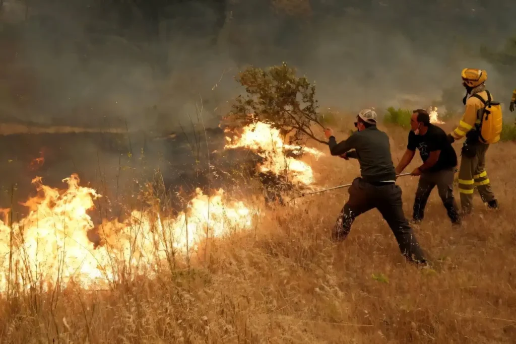 Bombeiros combatem um incêndio florestal na região de Cebreros, perto de Ávila, a 80 km a oeste de Madri, em 24 de julho de 2026 — Foto: CESAR MANSO / AFP
