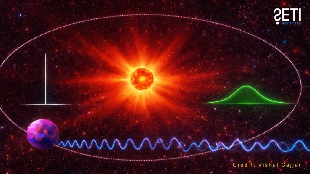 O sinal de rádio de um planeta pode começar como um tom agudo (à esquerda, branco), mas pode ser disperso pelos ventos de plasma ao redor da estrela, tornando-se um sinal mais amplo e fraco (à direita, verde). O estudo sugere que podemos estar perdendo sinais por estarmos procurando principalmente pela forma branca aguda em vez da forma verde mais ampla.
