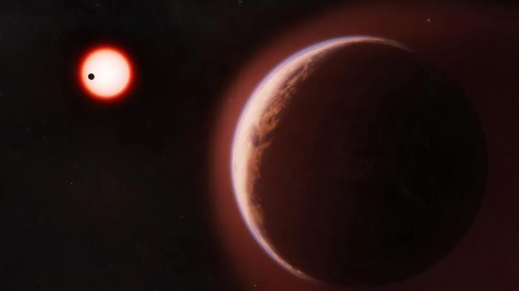 Uma ilustração de dois exoplanetas rochosos orbitando uma estrela alienígena. Astrônomos acabaram de detectar hélio escapando de LHS 1140 b, marcando a primeira evidência de uma atmosfera ao redor de um mundo rochoso na zona habitável de outra estrela.