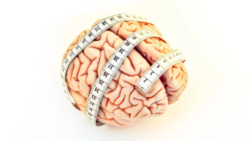 Assistir televisão com muita frequência na meia-idade foi associado a regiões cerebrais menores e a mais sinais de danos décadas depois. Imagem - Cérebro com fita métrica.