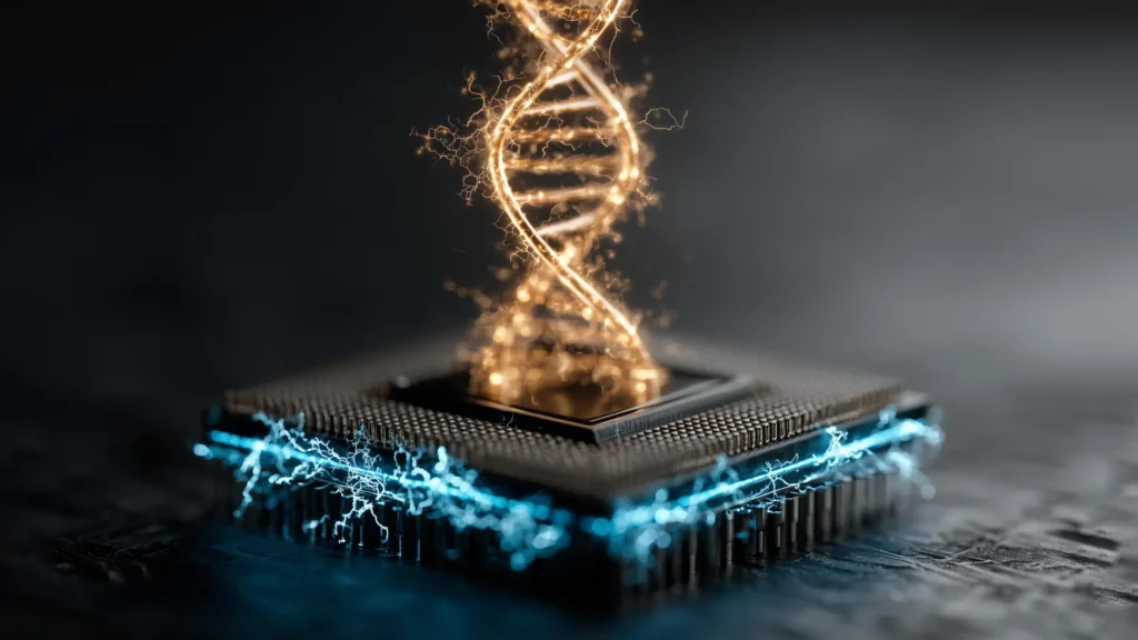 Imagem criada com IA de um microchip criando DNA