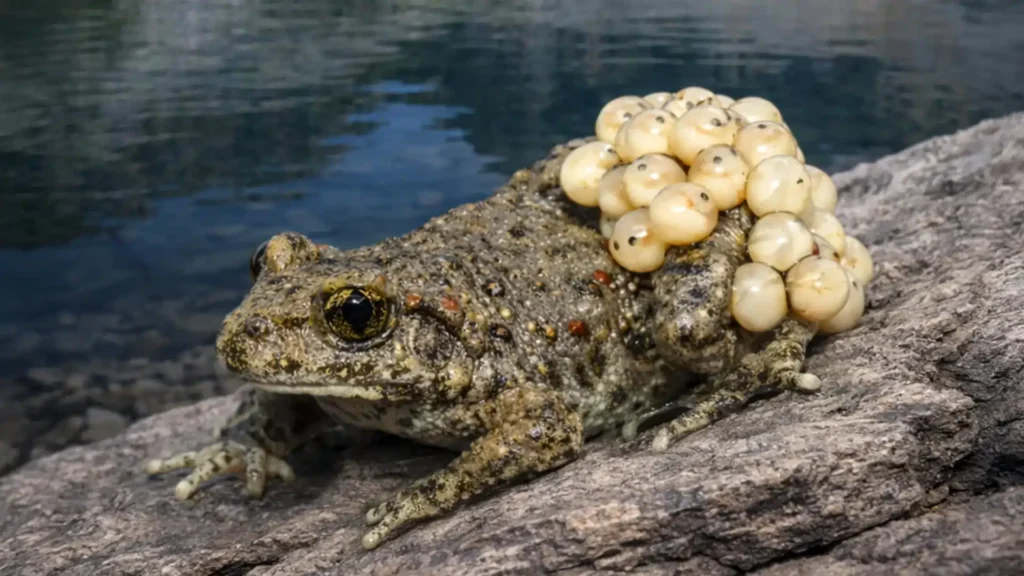 Imagem de um sapo-parteiro comum nos Pirenéus. Este sapo macho carrega ovos que estão enrolados em suas costas e coxas.