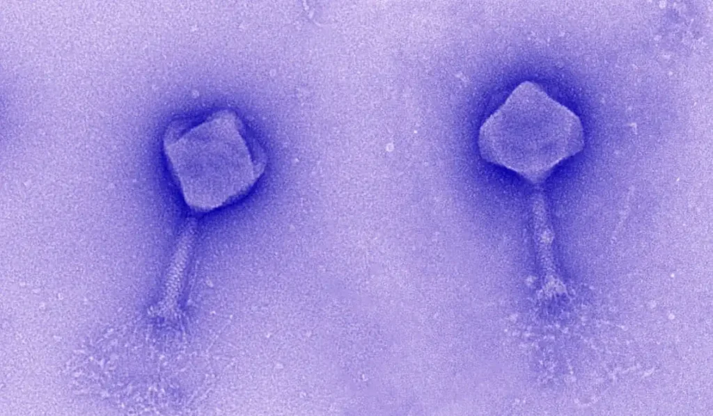 Pesquisadores relatam que certos bacteriófagos encontrados no intestino humano possuem pontos críticos de mutação espalhados por seus genomas, que os ajudam a modificar genes de defesa essenciais. Imagem - Micrografia eletrônica de fago jumbo.