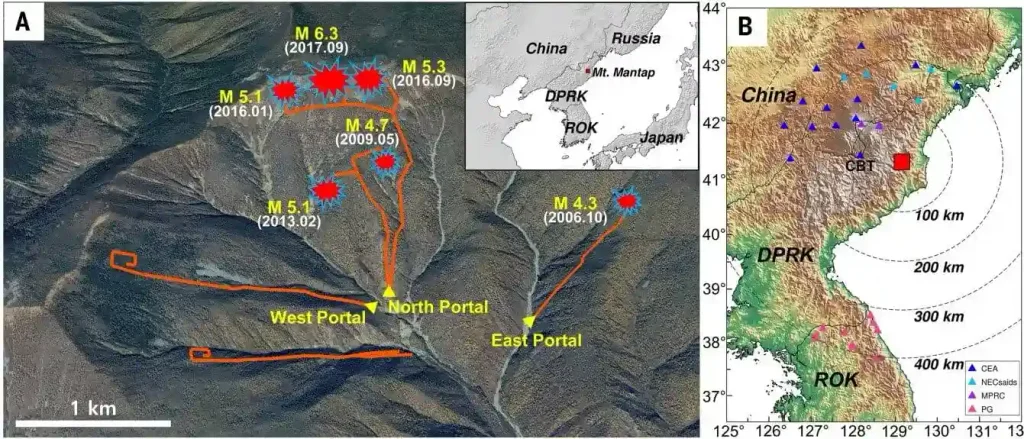 Localização dos seis testes nucleares realizados pela Coreia do Norte no Monte Mantap e distribuição das estações sísmicas utilizadas neste estudo.